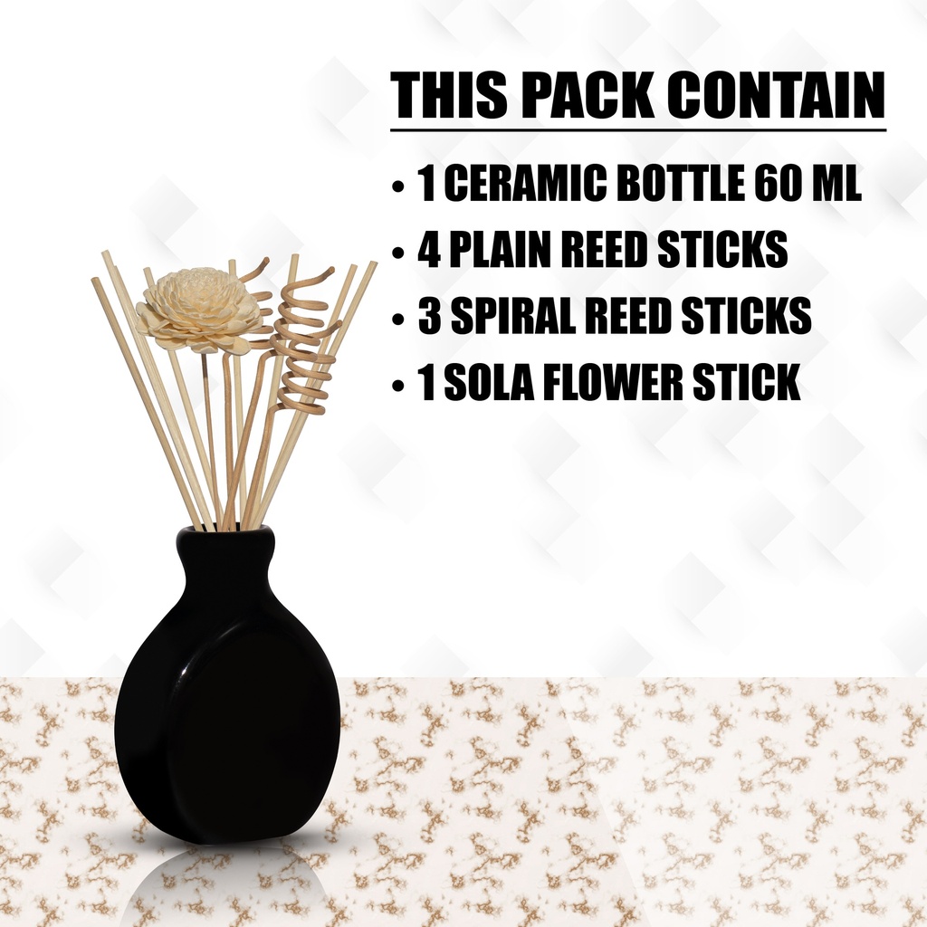 Edysian Black Reed Diffuser Ceramic Pot, with 4 Natural Reeds Sticks of 7",3 Spiral Reed Sticks, and 1 Sola Flower Stick for Home Decor Products, Risk-Free, Easy to use…