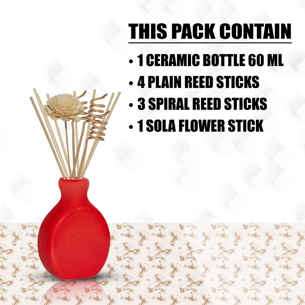 Edysian Red, Reed Diffuser Fragrance with 1 Unit of Ceramic Pot, with 4 Natural Reeds Sticks of 7",3 Spiral Reed Sticks and 1 Flower Stick for Home Decor Products, Risk