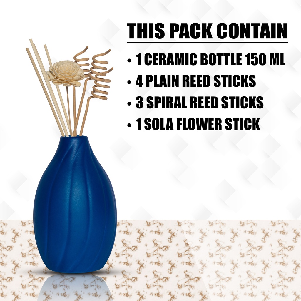Edysian Ceramic Reed Diffuser Pot/Flower Pot (Blue, Garlic Type) for Home Fragrance with 4 Natural Reeds Sticks of 7",3 Spiral Reed Sticks and 1 Flower Stick…