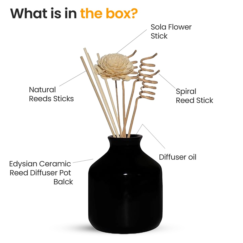 Edysian Black Ceramic Decorative Reed Diffuser Set Bottle/ Round, With Rose Oil Fragrance (50 ML) 