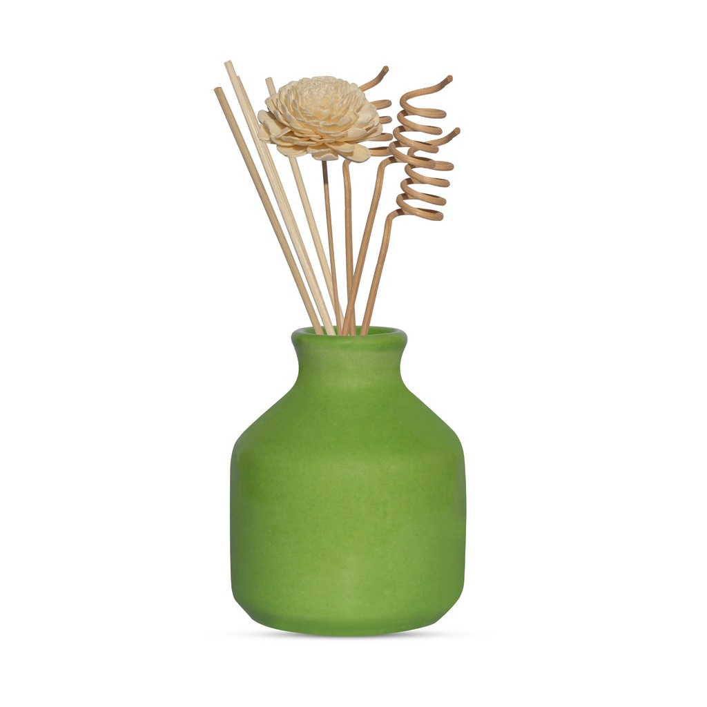 Edysian Ceramic Reed Diffuser Set – Round | Green Diffuser Pot with Natural Reeds | 4 Plain Reeds Sticks,1 Spiral Reed Sticks, 1 Sola Flower Stick | Diffuser Oil Refill for Home & Office (50 ml, Lemongrass)