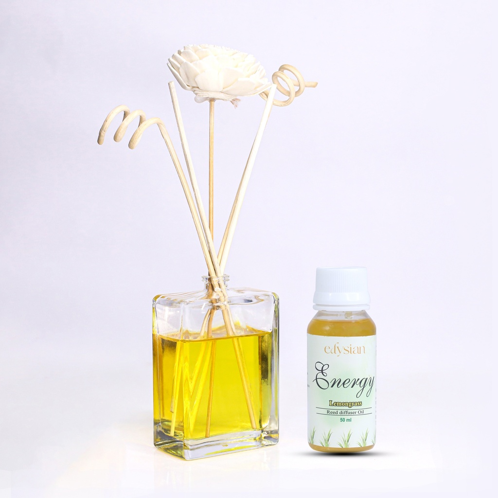 Edysian Decorative Glass Reed Diffuser Bottle with 5 Fiber Sticks and Fragrance Oil Refill for Home & Office (50 ml, Lemongrass Diffuser Oil)