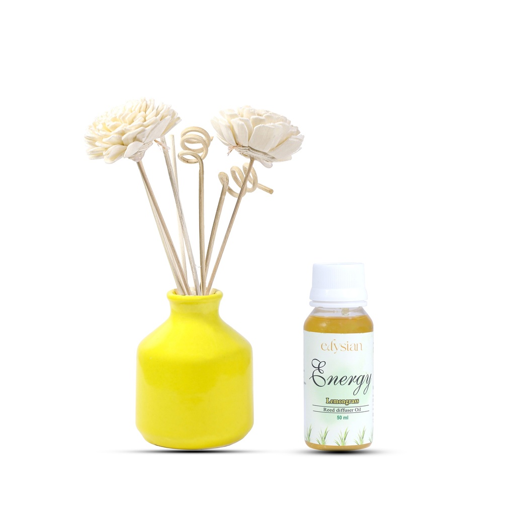 Edysian Ceramic Decorative Reed Diffuser Yellow Bottle/ Vase, With Lemongrass Oil Fragrance (50 ML)