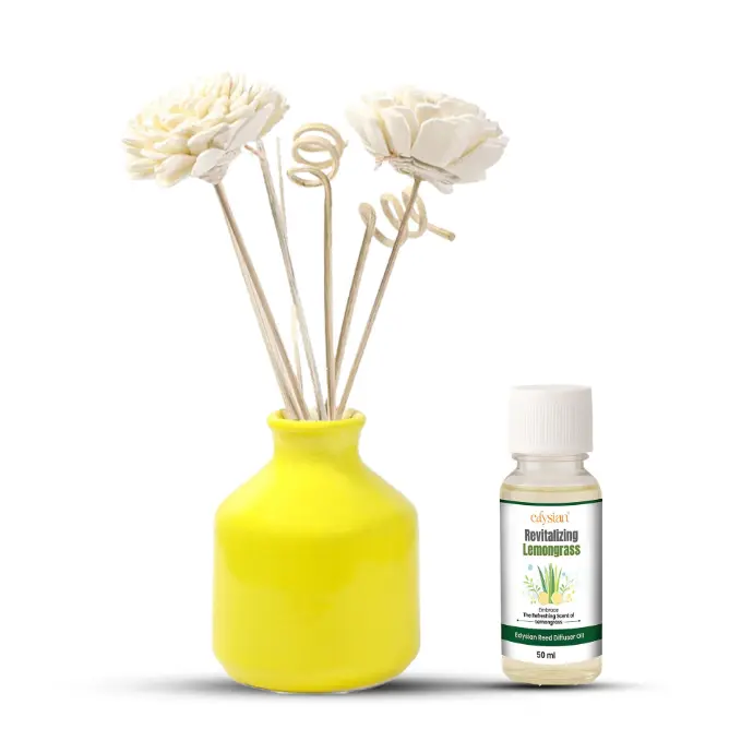 Edysian Ceramic Reed Diffuser Set – Round | Yellow Diffuser Pot with Natural Reeds | 4 Plain Reeds Sticks,1 Spiral Reed Sticks, 1 Sola Flower Stick | Diffuser Oil Refill for Home & Office (50 ml, Lemongrass)