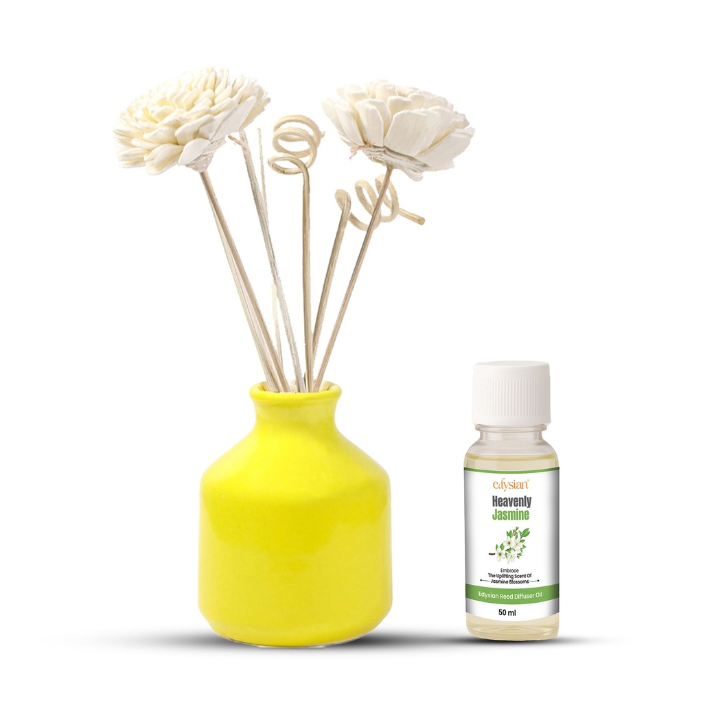 Edysian Ceramic Reed Diffuser Set – Round | Yellow Diffuser Pot with Natural Reeds | 4 Plain Reeds Sticks,1 Spiral Reed Sticks, 1 Sola Flower Stick | Diffuser Oil Refill for Home & Office (50 ml, Lemongrass)