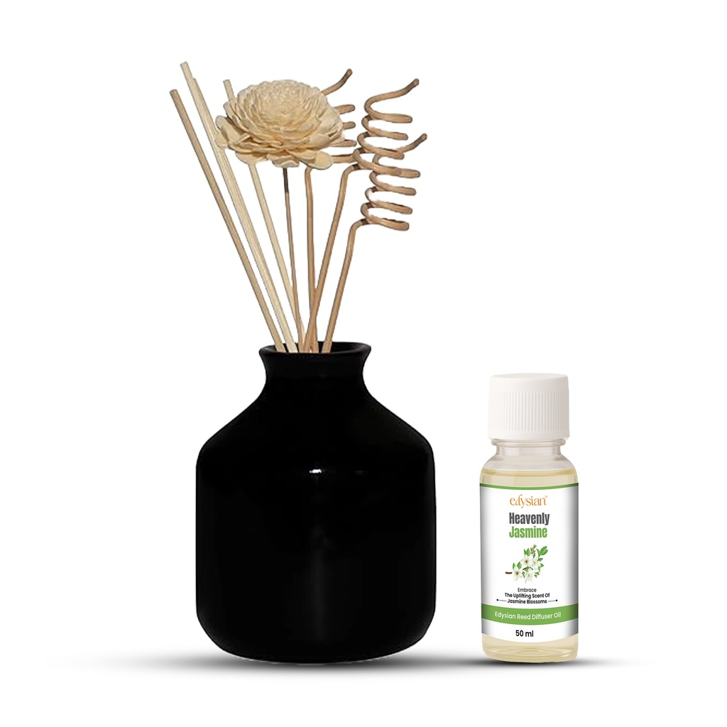 Edysian Ceramic Reed Diffuser Set – Round | Black Diffuser Pot with Natural Reeds | 4 Plain Reeds Sticks,1 Spiral Reed Sticks, 1 Sola Flower Stick | Diffuser Oil Refill for Home & Office (50 ml, Jasmine)