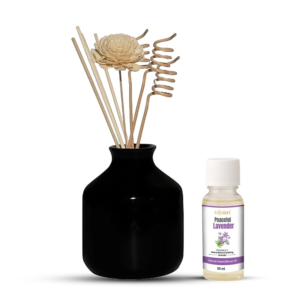 Edysian Ceramic Reed Diffuser Set – Round | Black Diffuser Pot with Natural Reeds | 4 Plain Reeds Sticks,1 Spiral Reed Sticks, 1 Sola Flower Stick | Diffuser Oil Refill for Home & Office (50 ml, Lavender)