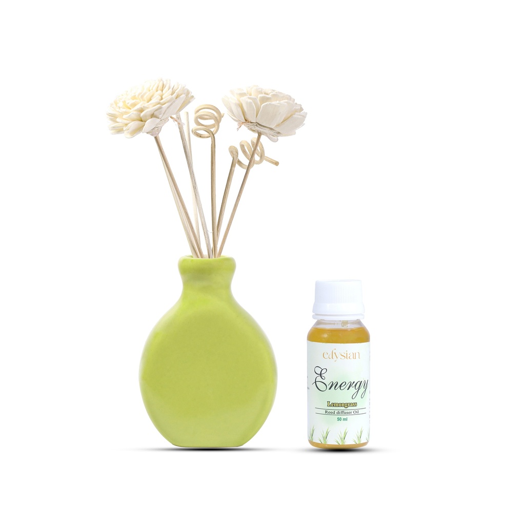 Edysian Ceramic Reed Diffuser Set – Split | Green Diffuser Pot with Natural Reeds | 4 Plain Reeds Sticks,1 Spiral Reed Sticks, 1 Sola Flower Stick | Diffuser Oil Refill for Home & Office (50 ml, Rose)