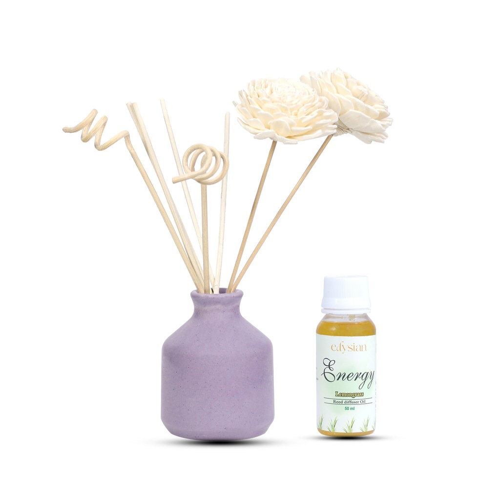 Edysian Ceramic Reed Diffuser Set – Round | Purple Diffuser Pot with Natural Reeds | 4 Plain Reeds Sticks,1 Spiral Reed Sticks, 1 Sola Flower Stick | Diffuser Oil Refill for Home & Office (50 ml, Rose)