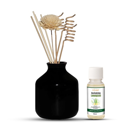 Edysian Black Ceramic Decorative Reed Diffuser Set Bottle/ Round, With Lemongrass Oil Fragrance (50 ML)