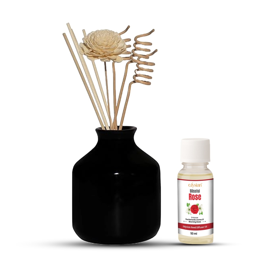 Edysian Ceramic Reed Diffuser Set – Round | Black Diffuser Pot with Natural Reeds | 4 Plain Reeds Sticks,1 Spiral Reed Sticks, 1 Sola Flower Stick | Diffuser Oil Refill for Home & Office (50 ml, Rose)