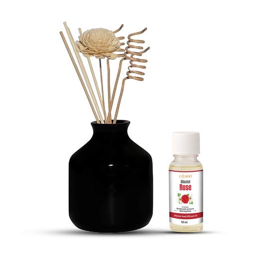 Edysian Ceramic Reed Diffuser Set – Round | Black Diffuser Pot with Natural Reeds | 4 Plain Reeds Sticks,1 Spiral Reed Sticks, 1 Sola Flower Stick | Diffuser Oil Refill for Home & Office (50 ml, Rose)