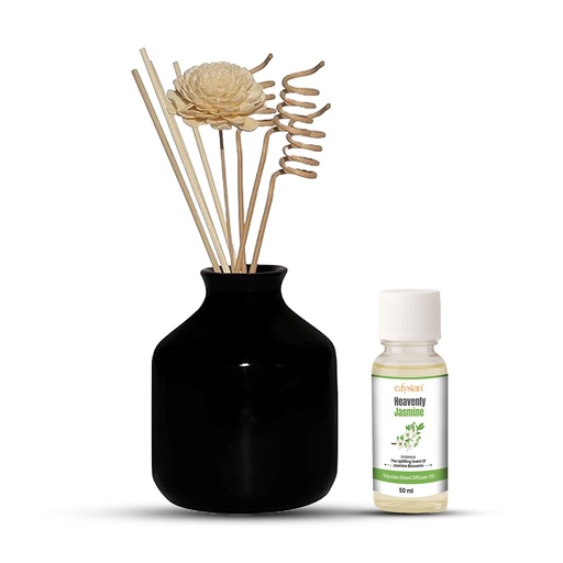 Edysian Ceramic Reed Diffuser Set – Round | Black Diffuser Pot with Natural Reeds | 4 Plain Reeds Sticks,1 Spiral Reed Sticks, 1 Sola Flower Stick | Diffuser Oil Refill for Home & Office (50 ml, Jasmine)