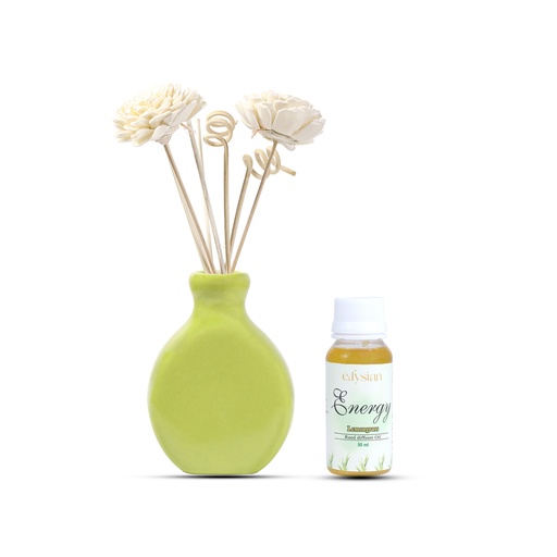 Edysian Ceramic Reed Diffuser Set – Split | Green Diffuser Pot with Natural Reeds | 4 Plain Reeds Sticks,1 Spiral Reed Sticks, 1 Sola Flower Stick | Diffuser Oil Refill for Home & Office (50 ml, Rose)