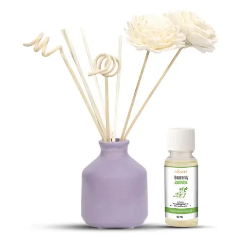 Edysian Ceramic Reed Diffuser Set – Round | Purple Diffuser Pot with Natural Reeds | 4 Plain Reeds Sticks,1 Spiral Reed Sticks, 1 Sola Flower Stick | Diffuser Oil Refill for Home & Office (50 ml, Jasmine)