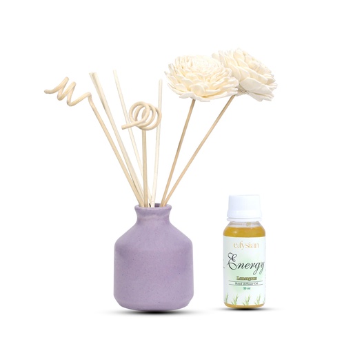 Edysian Ceramic Reed Diffuser Set – Round | Purple Diffuser Pot with Natural Reeds | 4 Plain Reeds Sticks,1 Spiral Reed Sticks, 1 Sola Flower Stick | Diffuser Oil Refill for Home & Office (50 ml, Lavender)