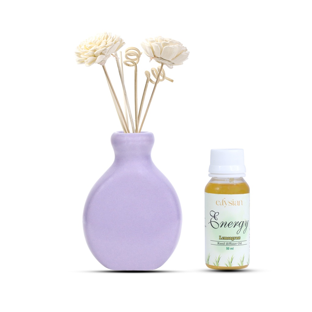 Edysian Ceramic Reed Diffuser Set – Split | Purple Diffuser Pot with Natural Reeds | 4 Plain Reeds Sticks,1 Spiral Reed Sticks, 1 Sola Flower Stick | Diffuser Oil Refill for Home & Office (50 ml, Jasmine)