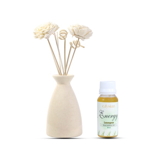 Edysian Ceramic Reed Diffuser Set – Ivory | Off White Diffuser Pot with Natural Reeds | 4 Plain Reeds Sticks,1 Spiral Reed Sticks, 1 Sola Flower Stick | Diffuser Oil Refill for Home & Office (50 ml, Rose)
